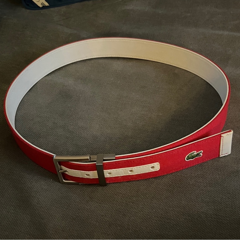 New Lacoste Red Fabric and White Leather Belt with Silver Buckle (Men’s Medium)